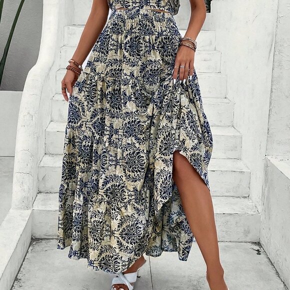 Multicolor Casual Womens Allover Print Ruffle Trim Top & Skirt - Picture 5 of 5